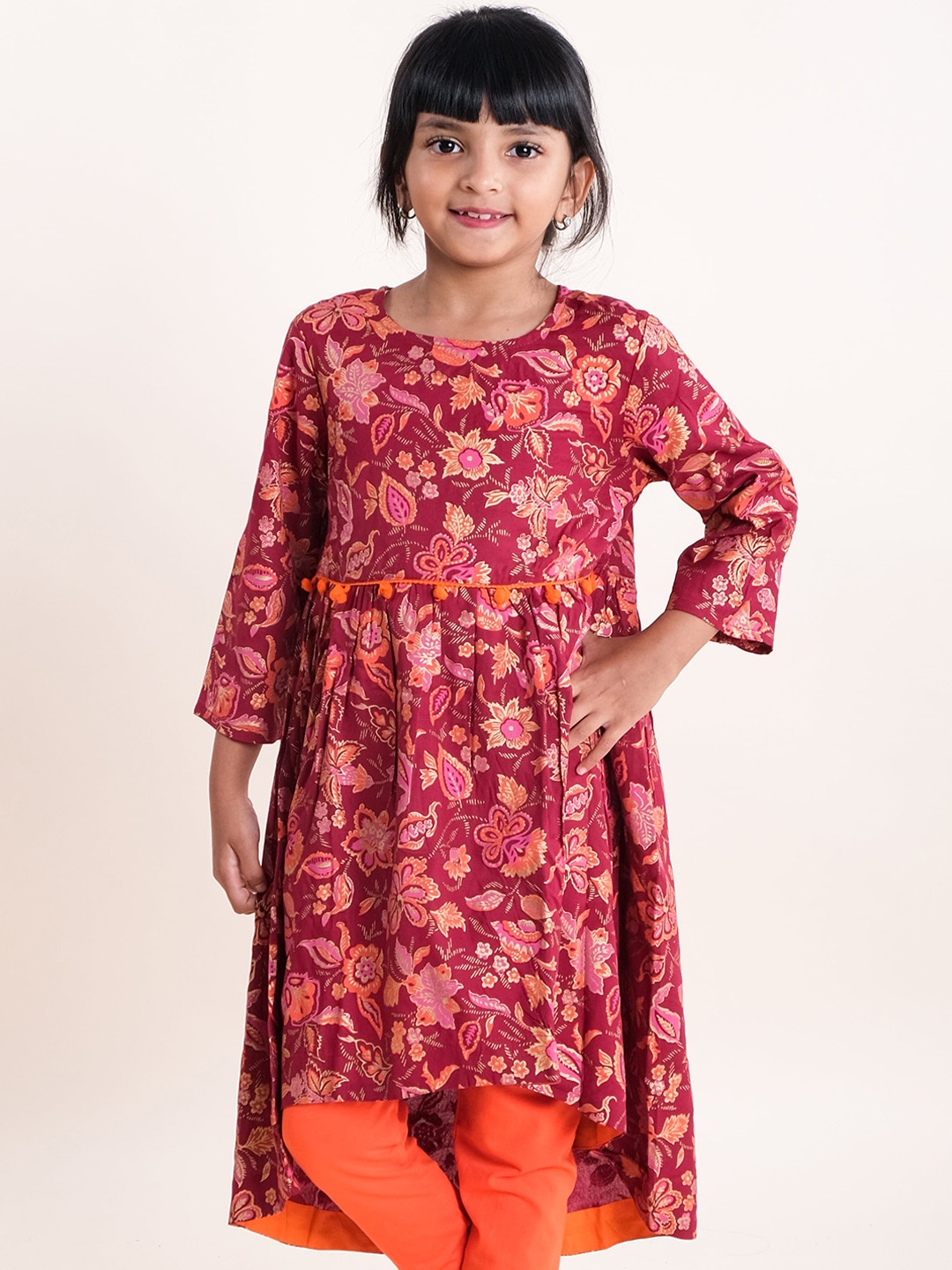 

KiddoPanti Girls Round Neck Paisley Printed Flared Sleeves A-Line Kurta, Maroon