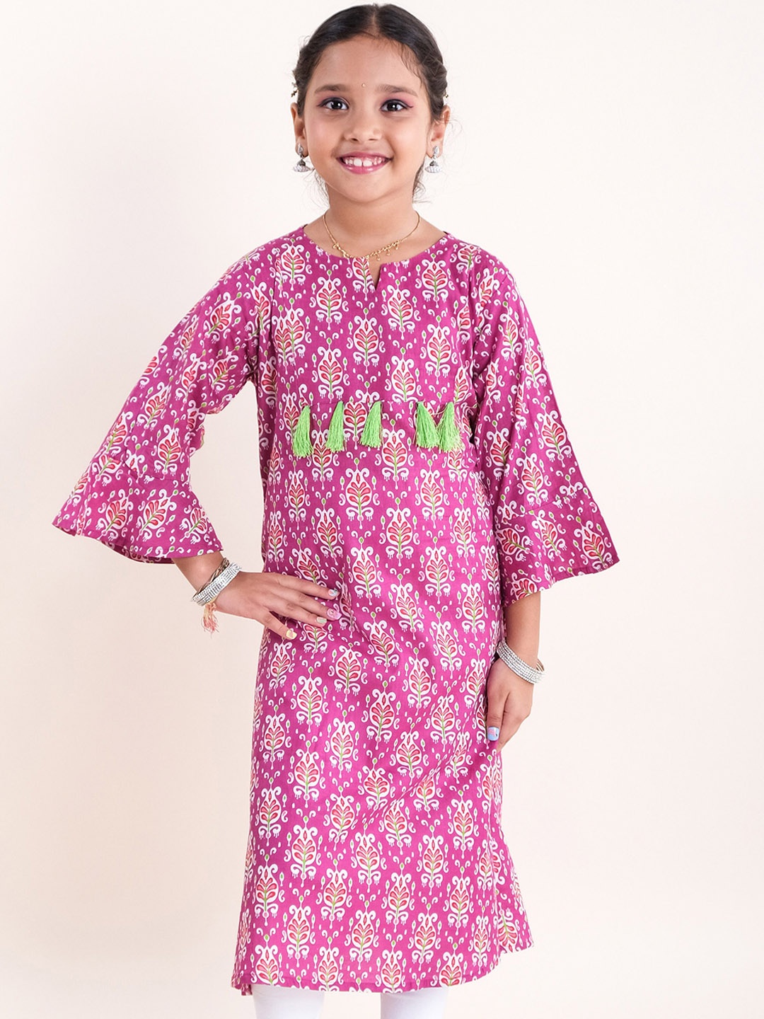 KiddoPanti Girls Notched Neck Flared Sleeves Ethnic Printed Straight Kurta, Pink