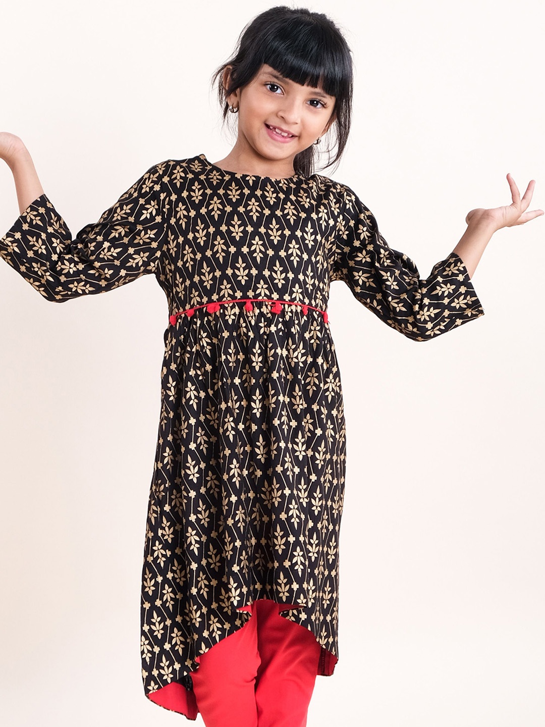 

KiddoPanti Girls Round Neck Ethnic Printed Anarkali Kurta, Black