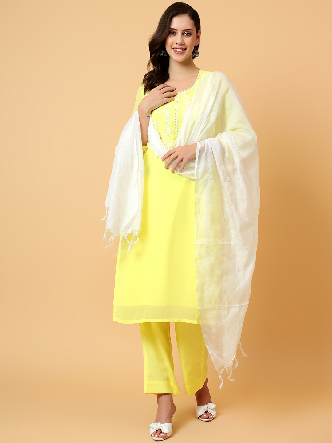 

Bani Women Floral Embroidered Thread Work Sheer Kurta With Palazzos & Dupatta, Yellow