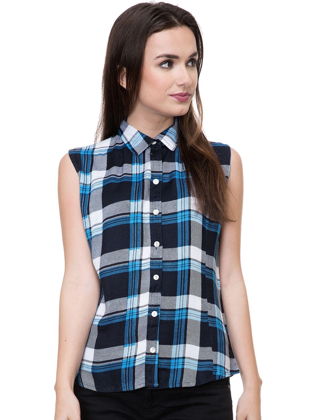 

Chemistry Checked Spread Collar Sleeveless Shirt, Black