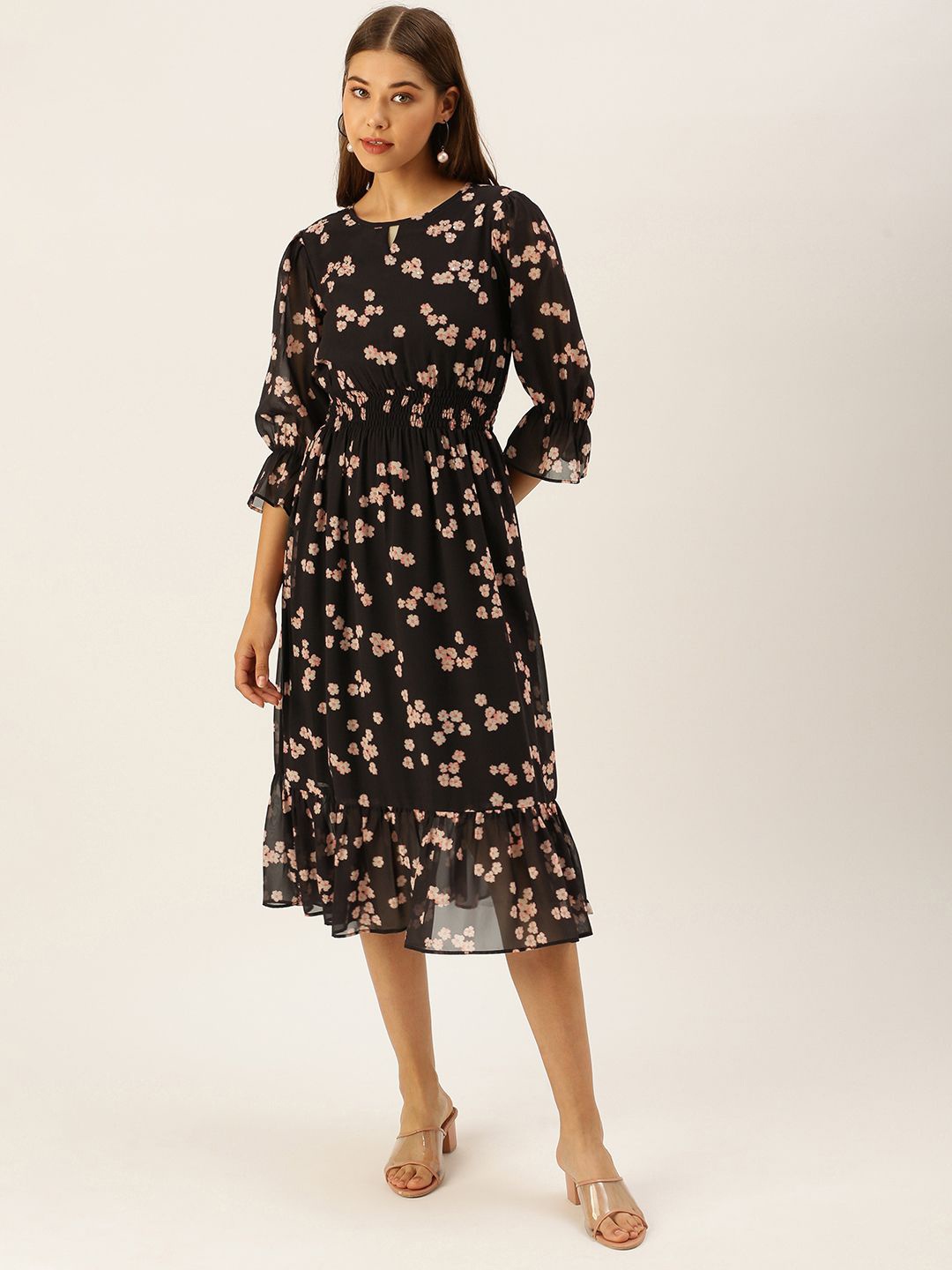 

DressBerry Floral Print Keyhole Neck Puff Sleeve Georgette Drop-Waist Dress, Black