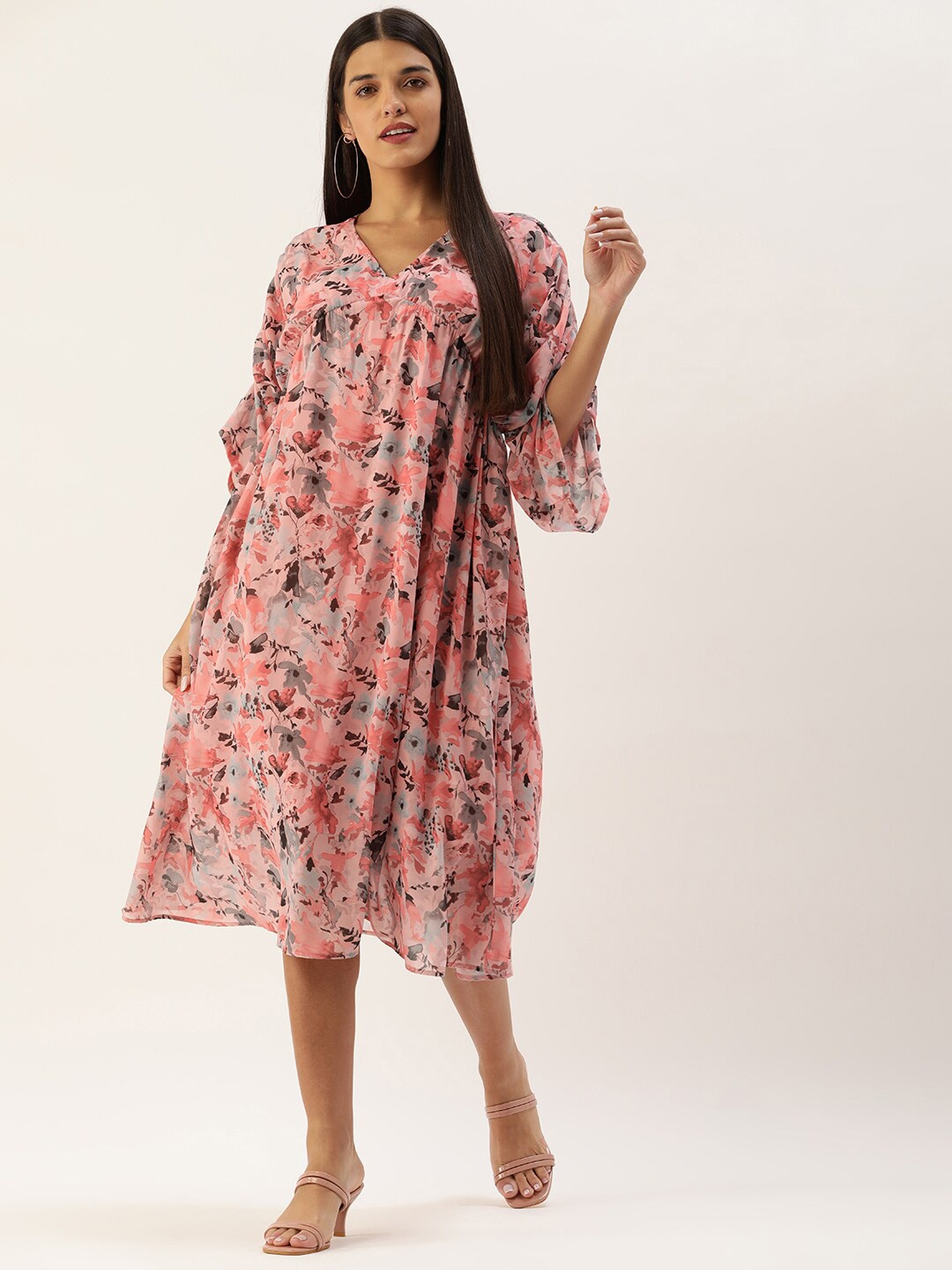 

DressBerry Floral Print Bell Sleeve Georgette A-Line Midi Dress, Peach