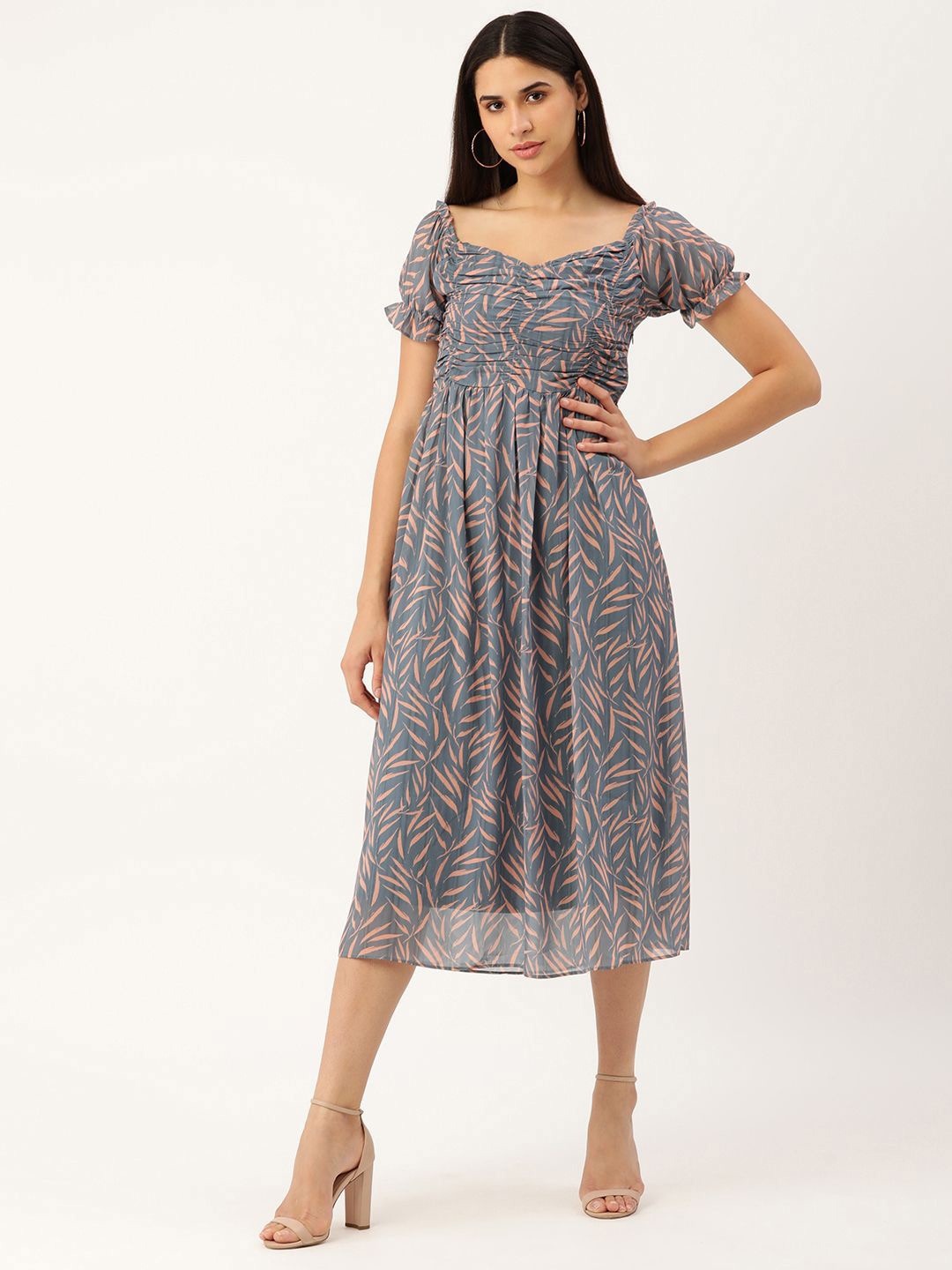 

DressBerry Ethnic Motifs Print Puff Sleeve Georgette Fit & Flare Midi Dress, Grey