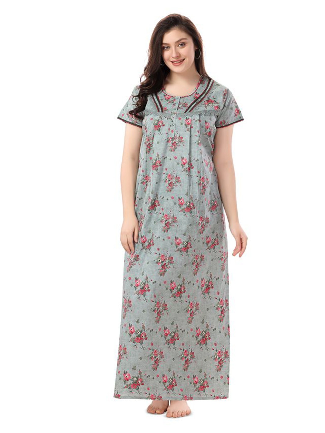 

Soulemo Floral Printed Pure Cotton Maxi Nightdress, Green
