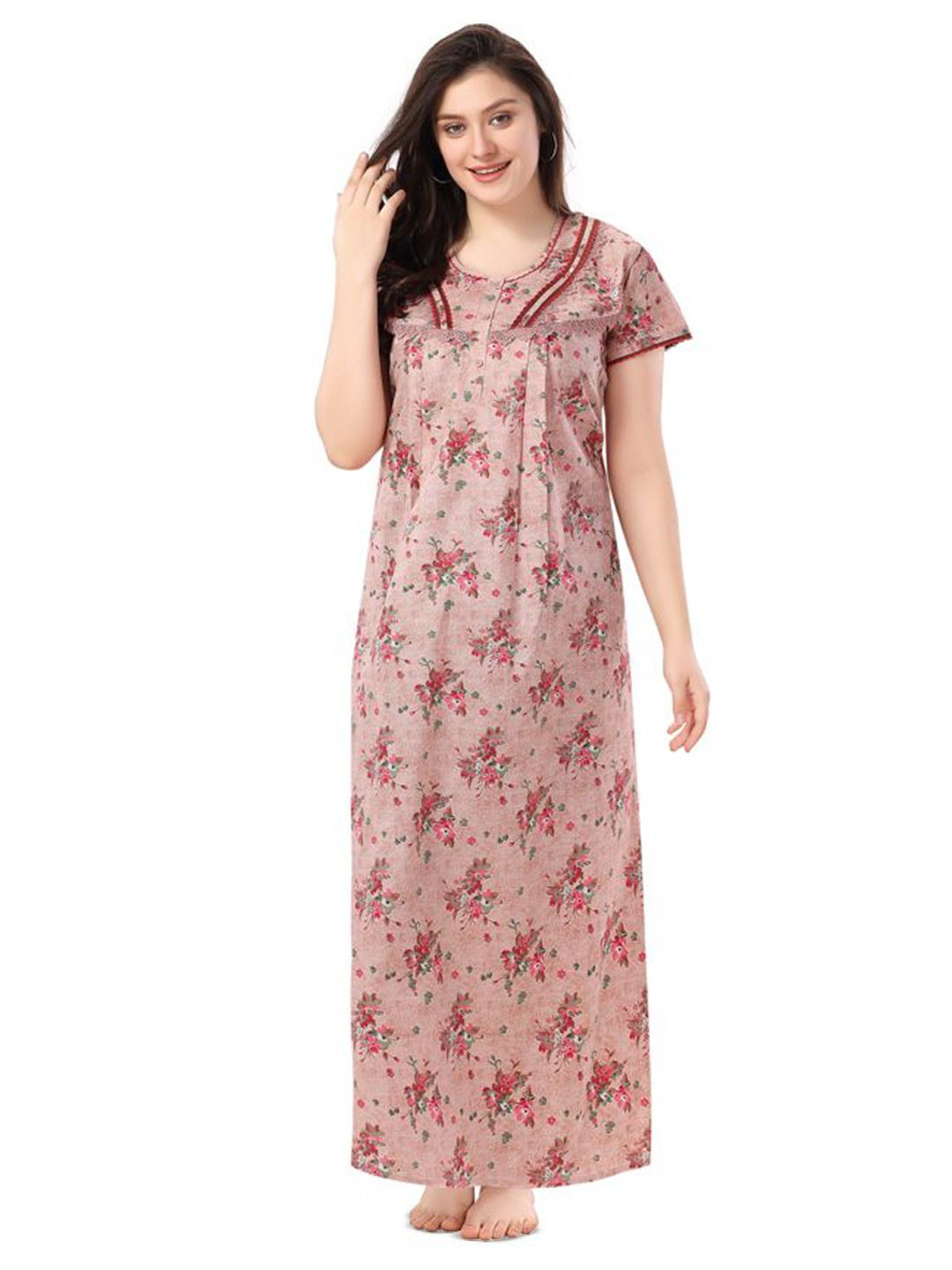 

Soulemo Floral Printed Pure Cotton Maxi Nightdress, Peach