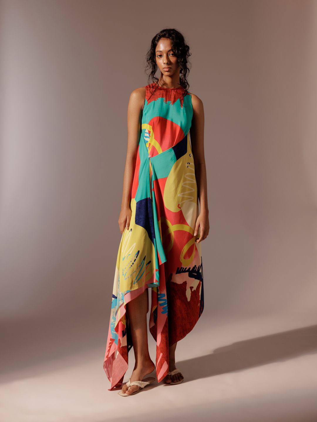 

Advait Women Abstract Printed Round Neck Sleeveless High-Low Crepe Maxi Dress, Red