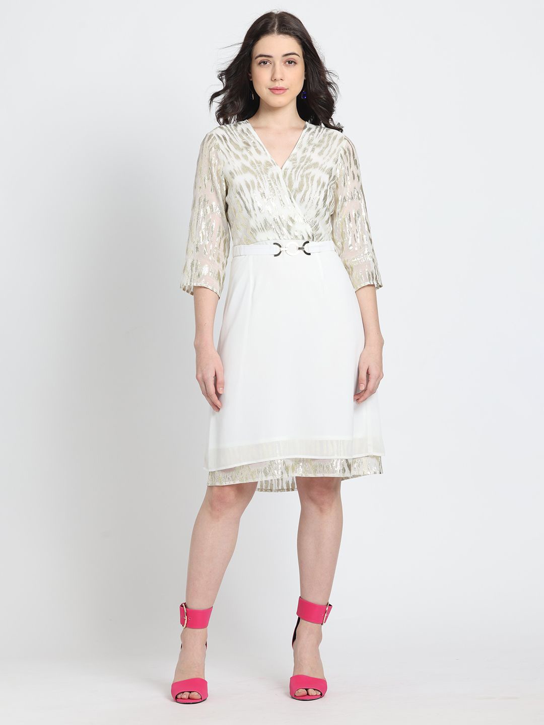 

SHAYE Women Embellished V-Neck Georgette A-Line Dress With Belt, White
