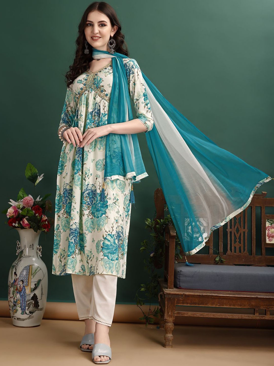 

KALINI Floral Printed Empire V-Neck Zari A-Line Kurta With Trousers & Dupatta, Blue