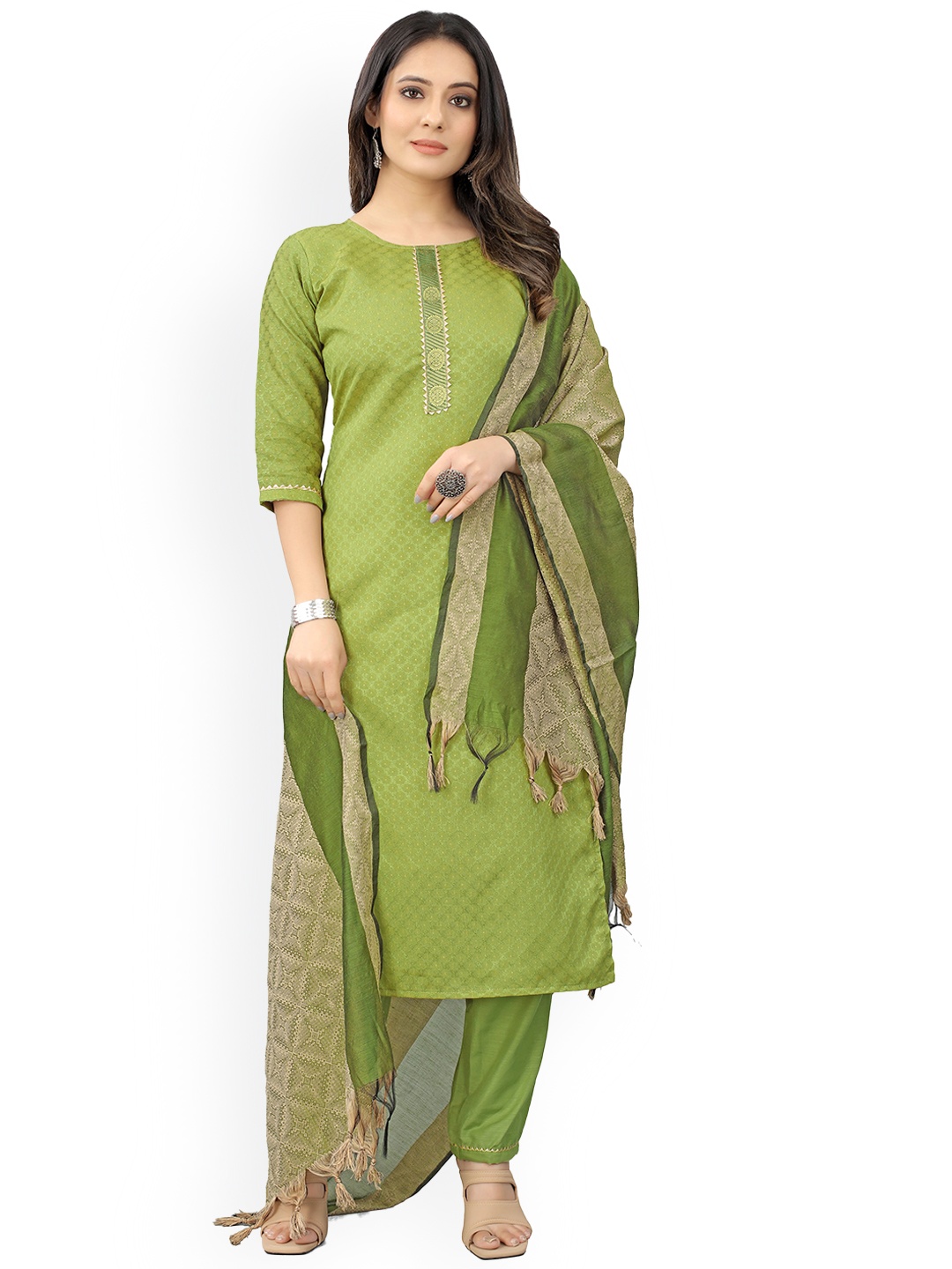 

revika Ethnic Motifs Printed Gotta Patti Straight Kurta With Trousers & Dupatta, Green