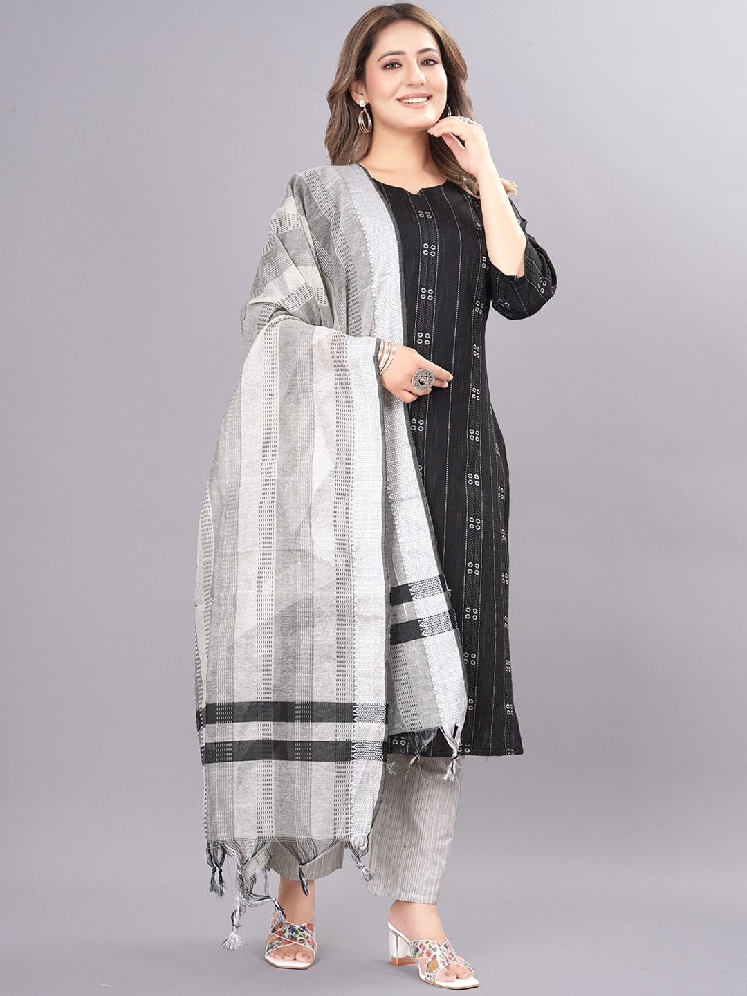 

revika Ethnic Motifs Printed Straight Kurta With Trousers & Dupatta, Black