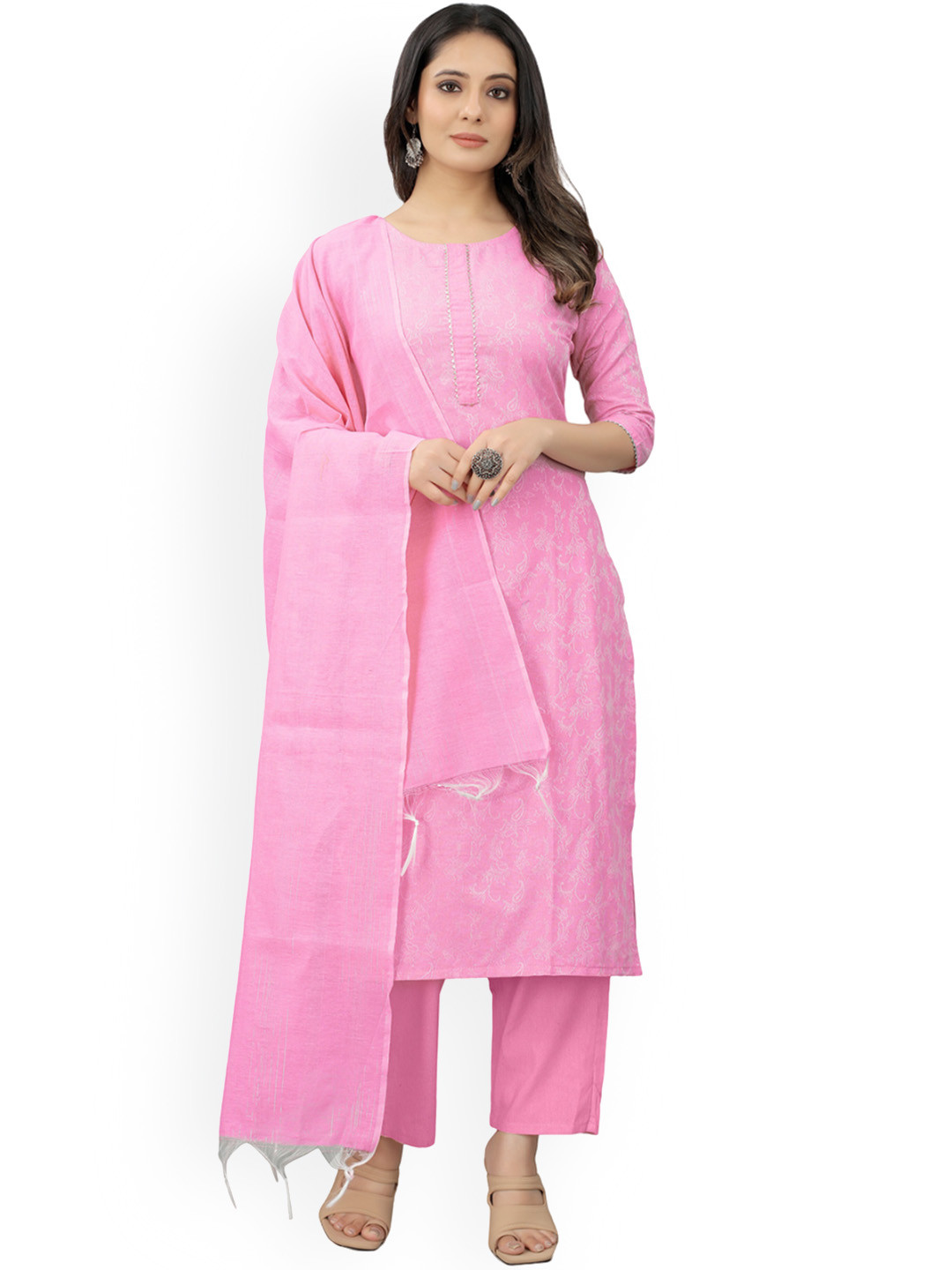 

revika Floral Printed Gotta Patti Straight Kurta With Trousers & Dupatta, Pink