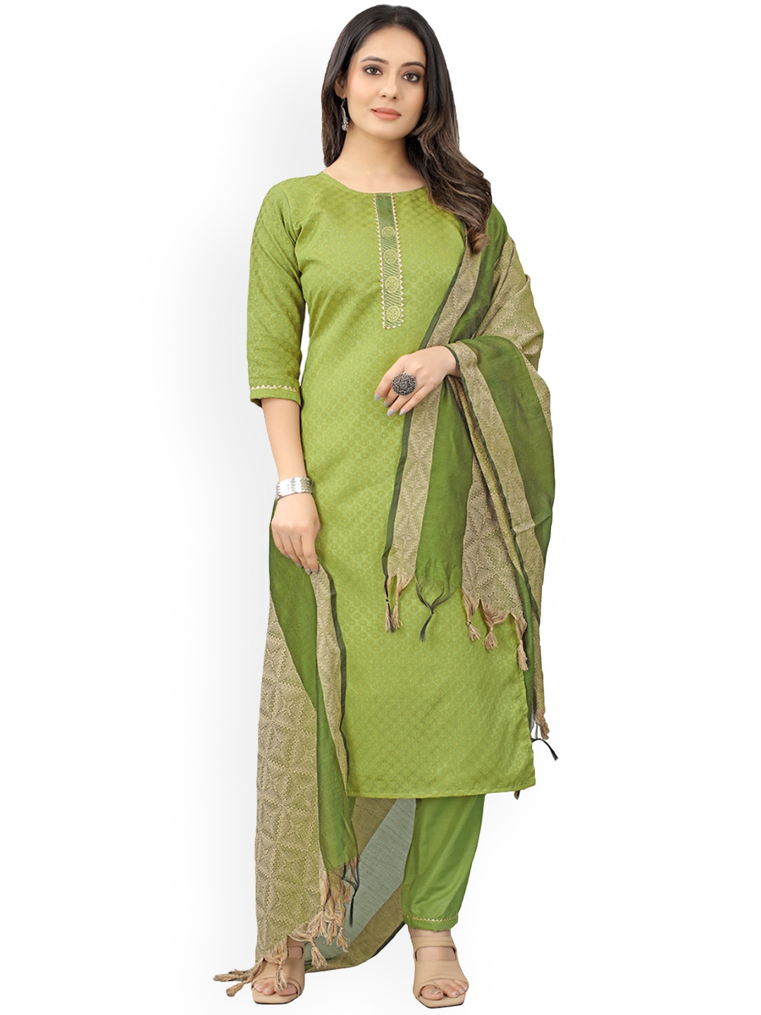 

revika Geometric Woven Design Gotta Patti Straight Kurta With Trousers & Dupatta, Green