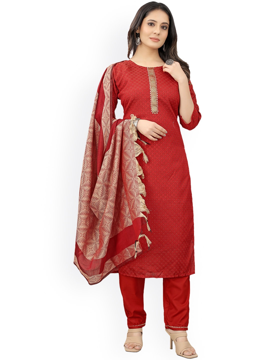 

revika Ethnic Motifs Printed Gotta Patti Straight Kurta With Trousers & Dupatta, Red