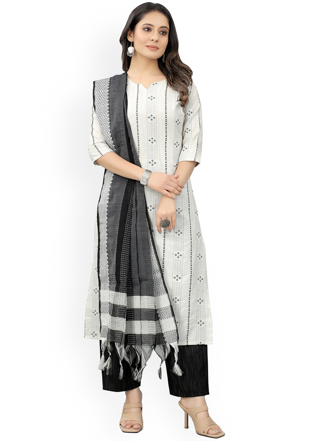 

revika Floral Printed Straight Kurta With Trousers & Dupatta, White