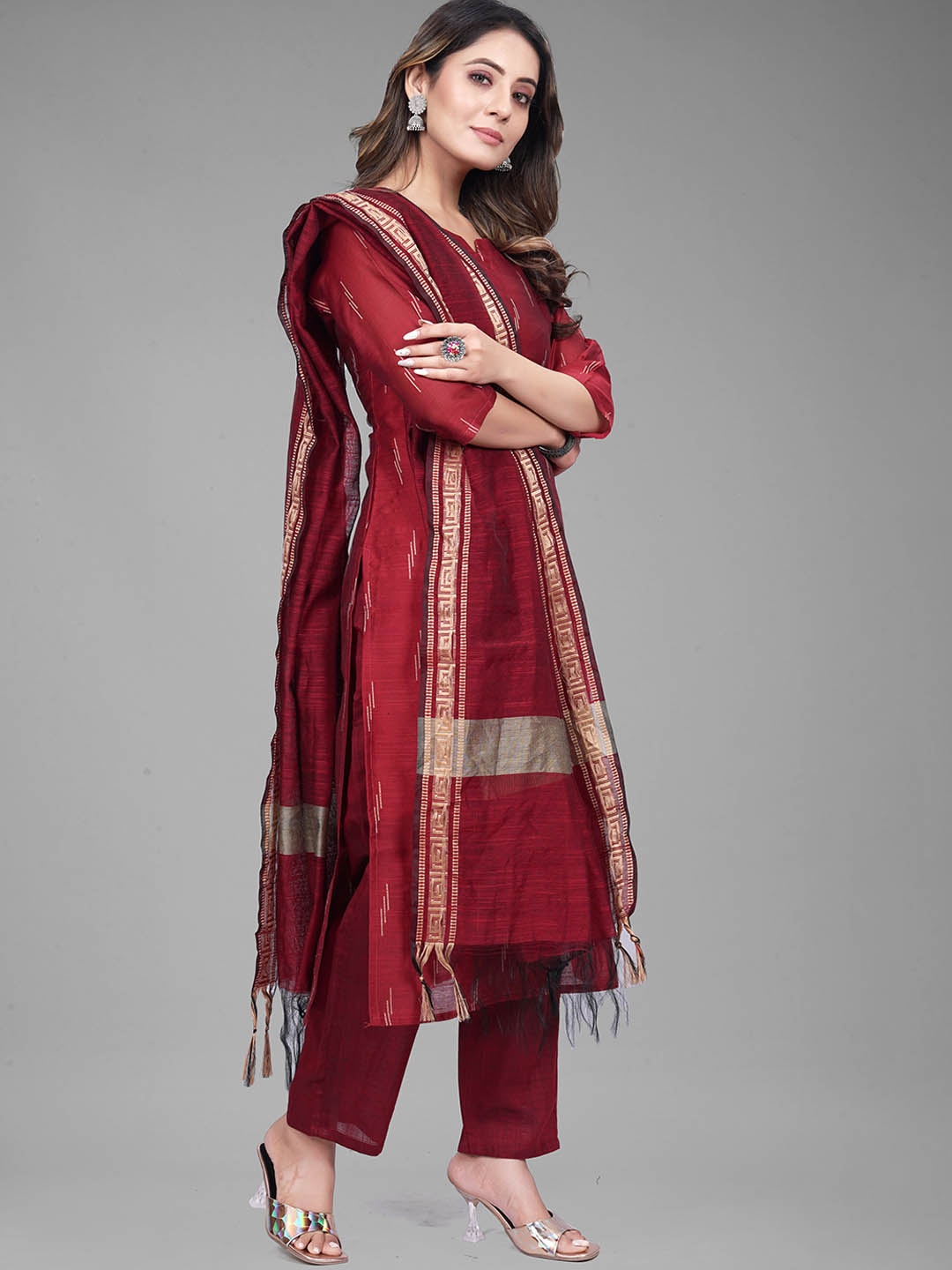 

revika Geometric Printed Straight Kurta With Trousers & Dupatta, Red