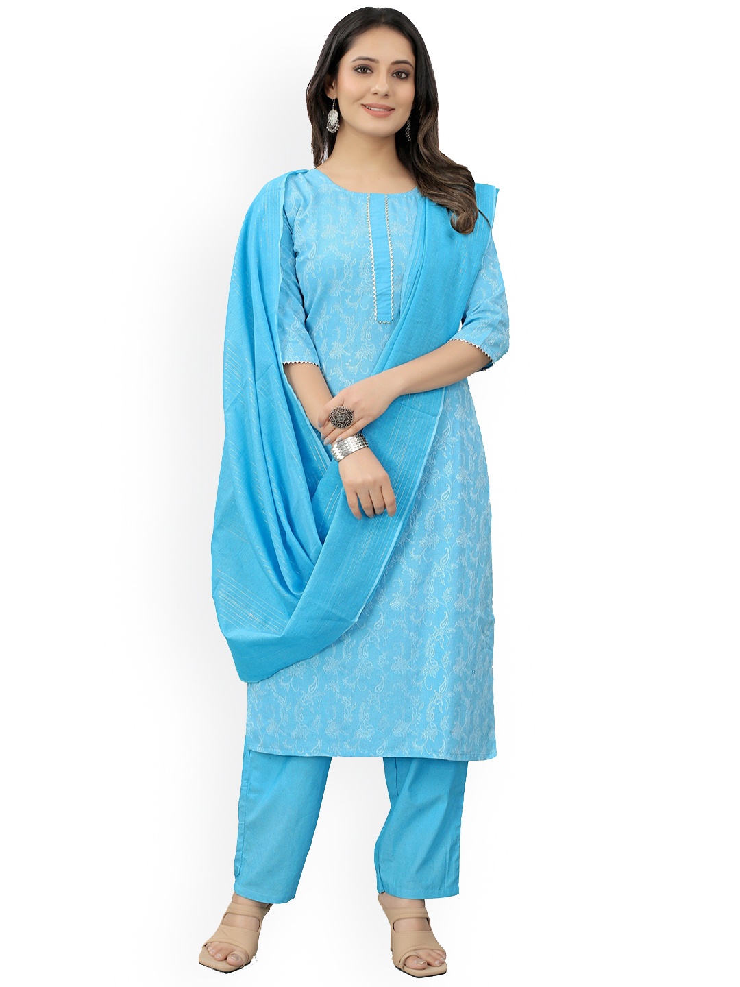 

revika Floral Printed Gotta Patti Straight Kurta With Trousers & Dupatta, Blue