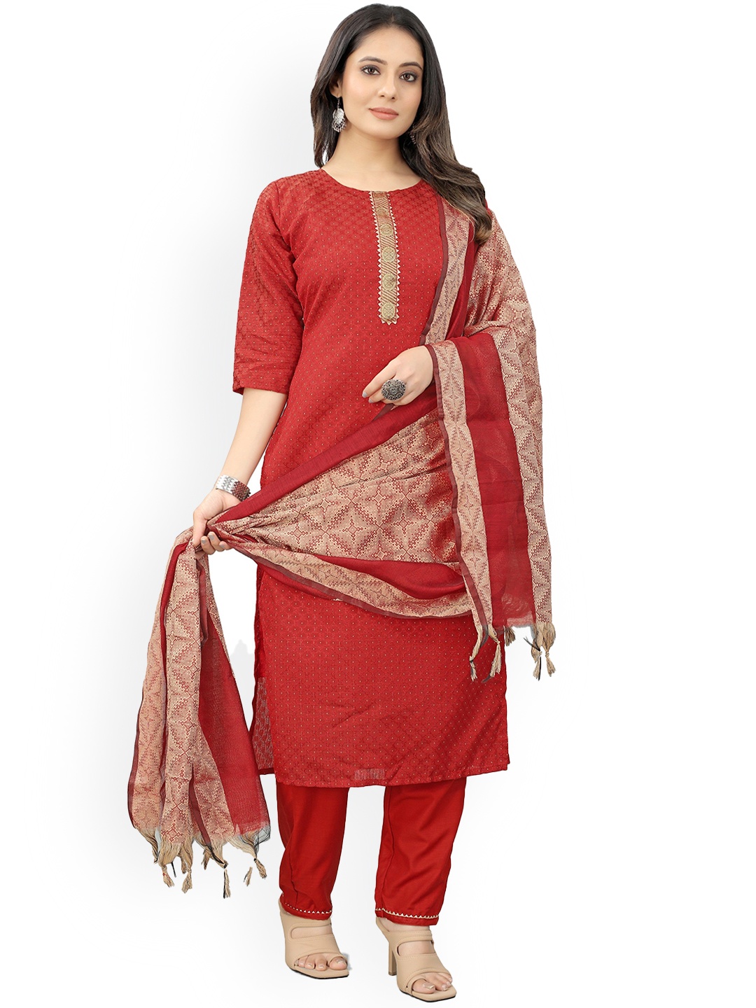 

revika Regular Gotta Patti Kurta with Trousers & Dupatta, Red