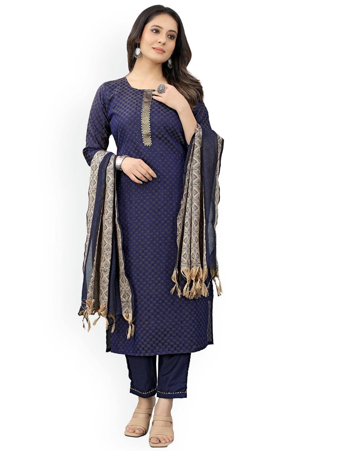 

revika Ethnic Motifs Regular Kurta with Trousers & Dupatta, Blue