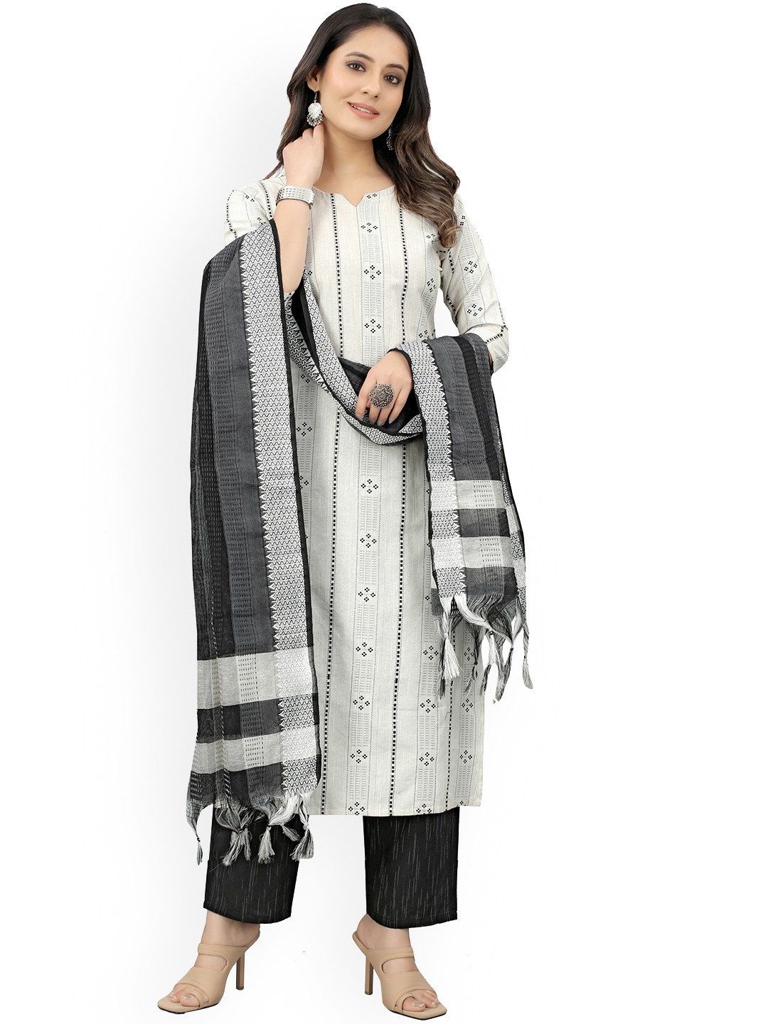 

revika Ethnic Motifs Printed Regular Kurta with Trousers & Dupatta, White