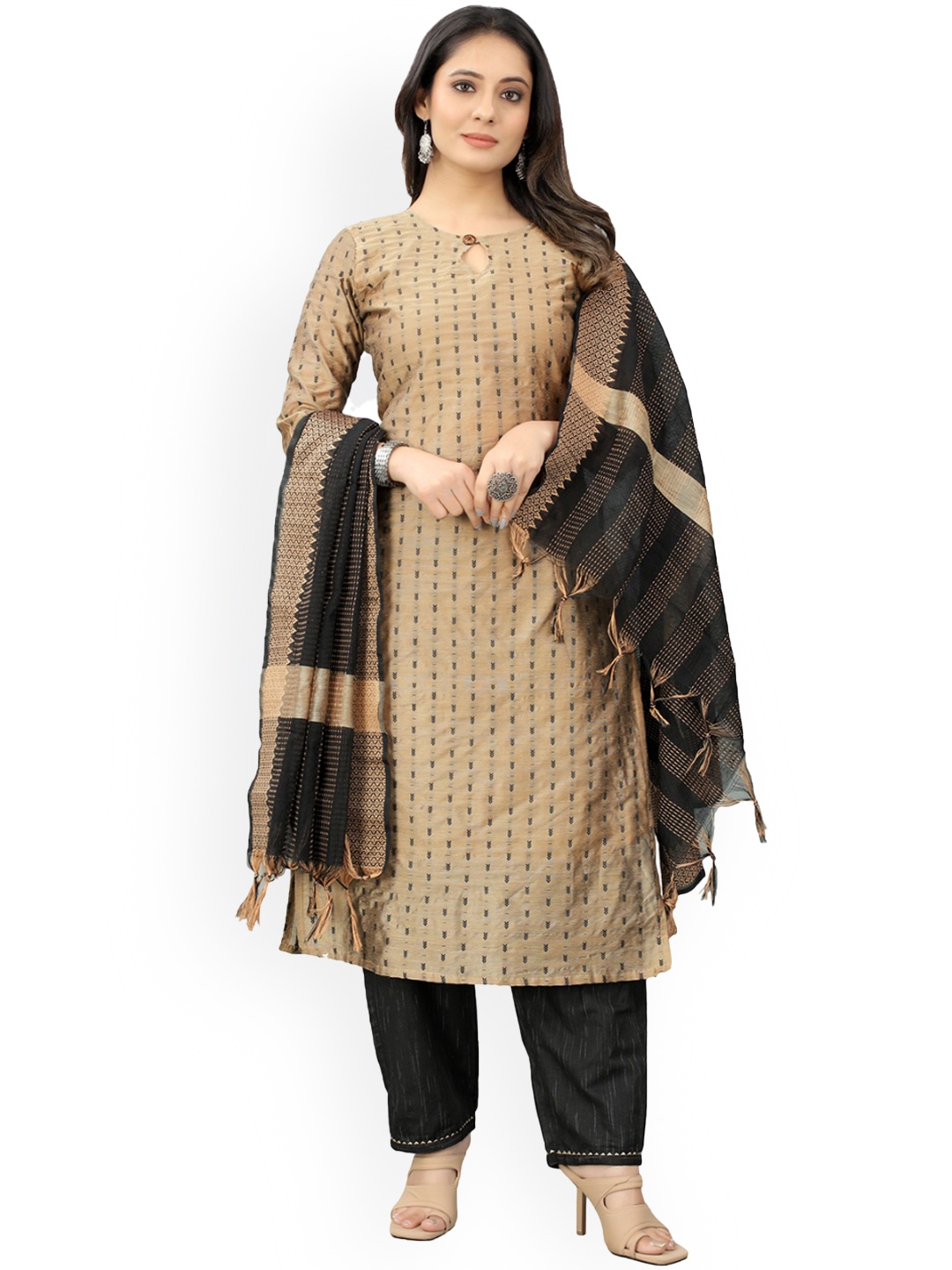 

revika Women Printed Regular Kurta with Trousers & With Dupatta, Gold