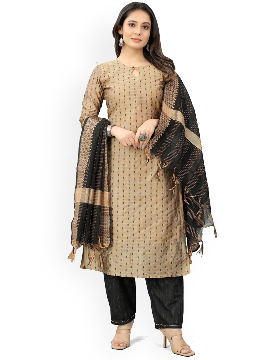 

revika Keyhole Neck Woven Design Straight Kurta With Trouser & Dupatta, Gold