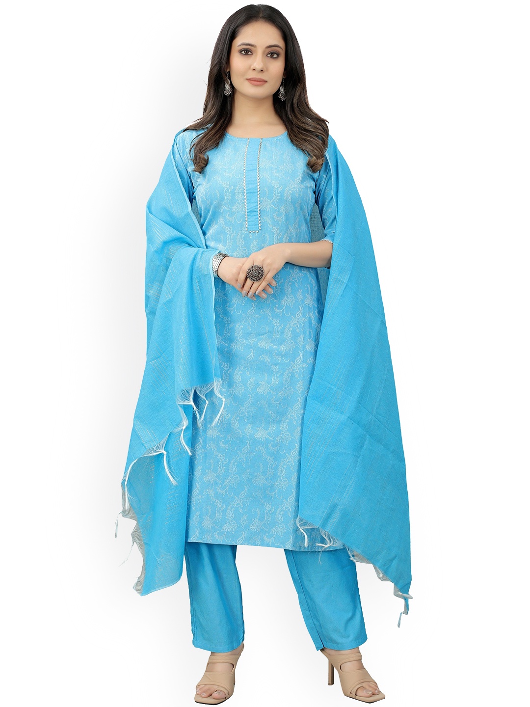 

revika Round Neck Floral Printed Gotta Patti Straight Kurta With Trouser & Dupatta, Blue
