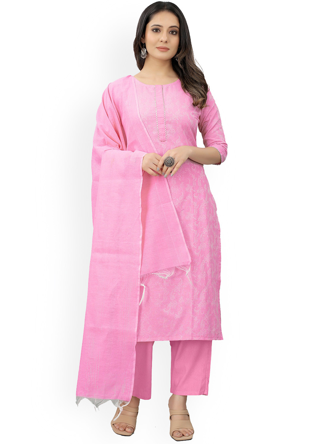 

revika Round Neck Floral Printed Gotta Patti Straight Kurta with Trouser & Dupatta, Pink