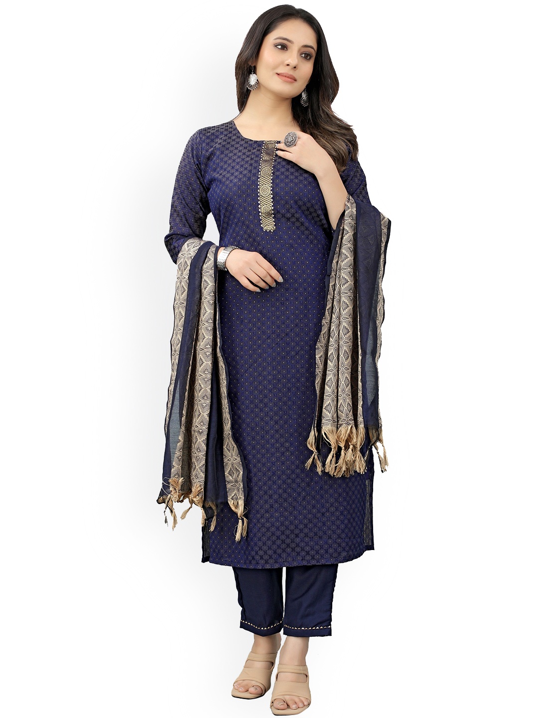 

revika Round Neck Woven Design Gotta Patti Straight Kurta With Trouser & Dupatta, Blue