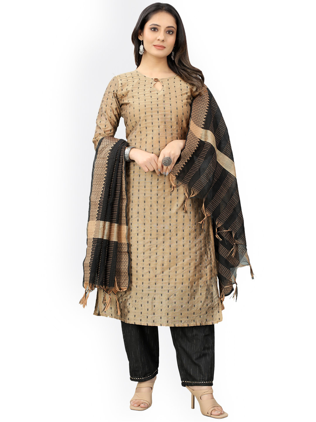 

revika Ethnic Motifs Woven Design Keyhole Neck Straight Kurta With Trousers & Dupatta, Gold