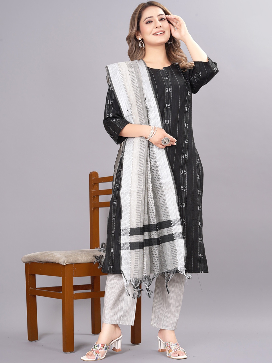 

revika Notched Neck Geometric Woven Design Straight Kurta With Trouser & Dupatta, Black