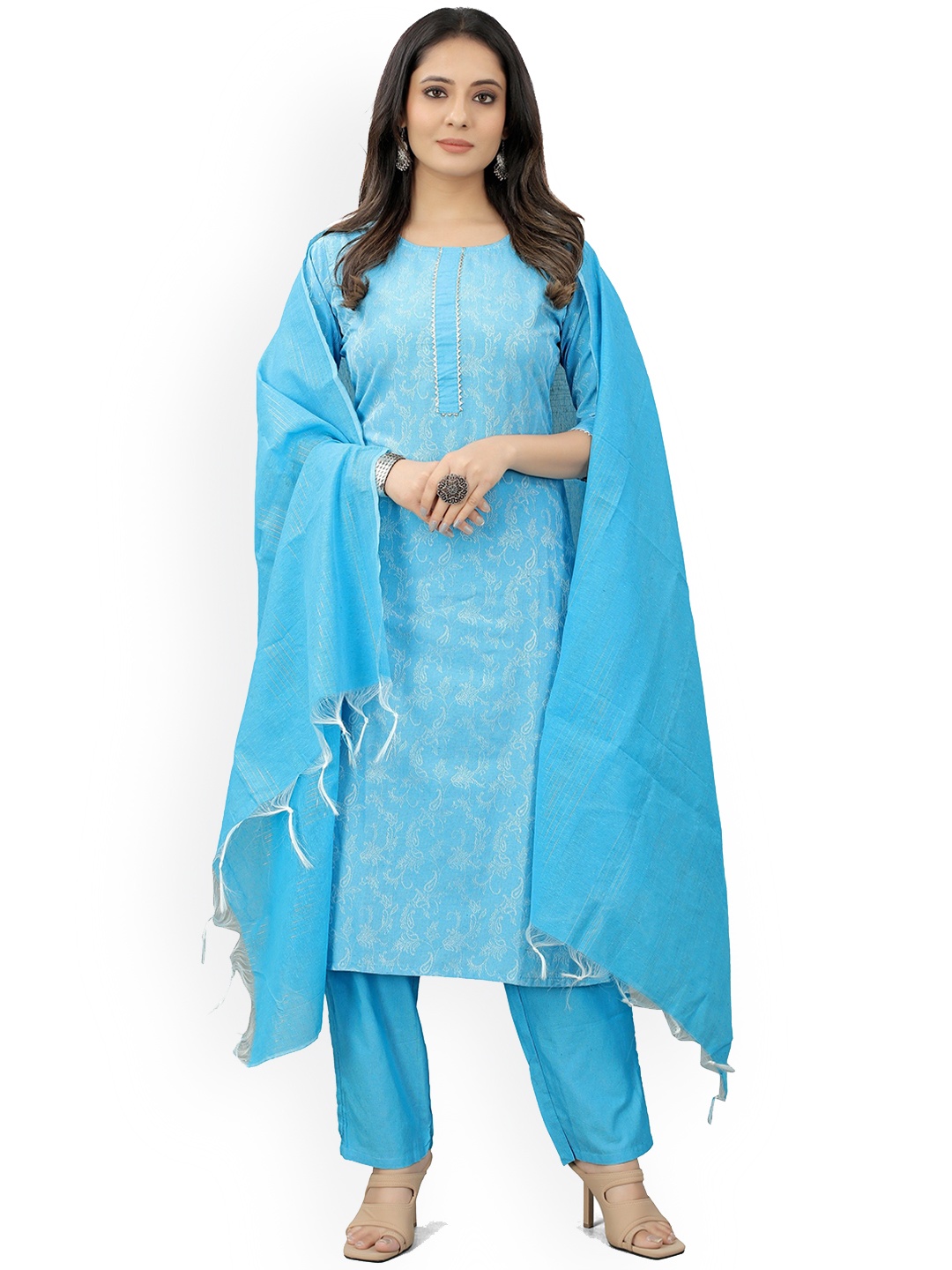 

revika Ethnic Motifs Printed Gotta Patti Straight Kurta With Trousers & Dupatta, Blue