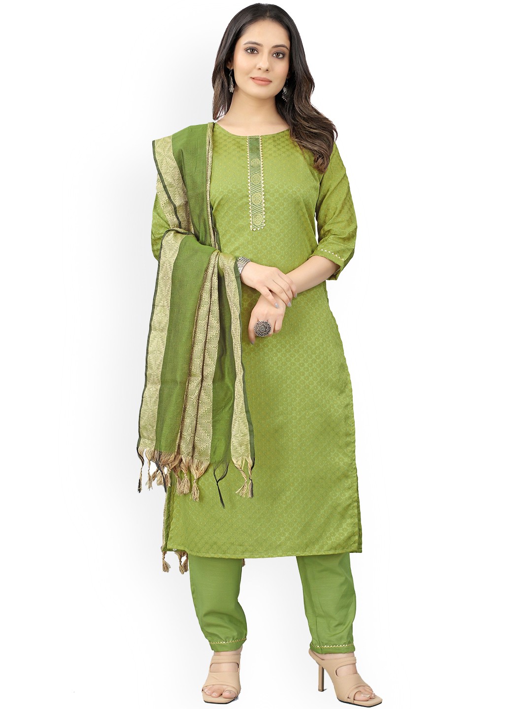 

revika Ethnic Motifs Woven Design Gotta Patti Straight Kurta With Trousers & Dupatta, Green