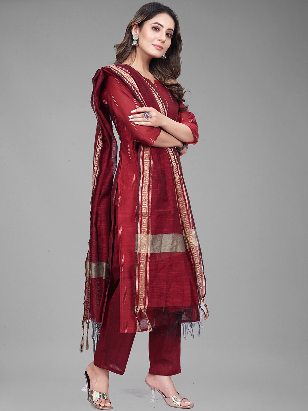 

revika Notched Neck Woven Design Straight Kurta with Trouser & Dupatta, Red