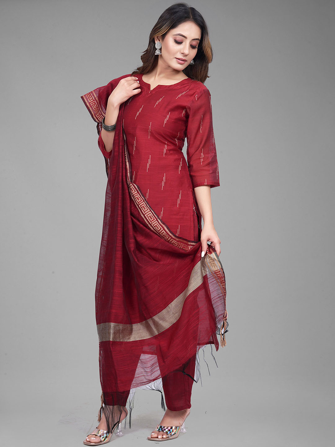 

revika Geometric Printed Straight Kurta With Trousers & Dupatta, Red