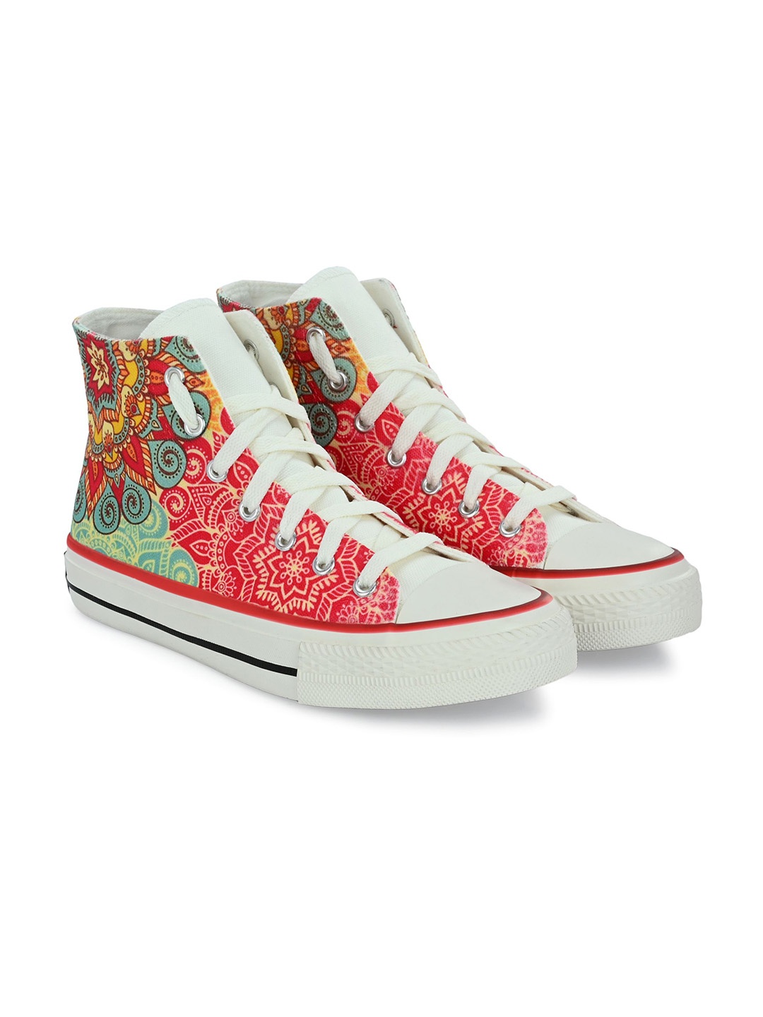 

CROWCIA LONDON Men Printed Round Toe Lightweight Canvas Sneakers, Red