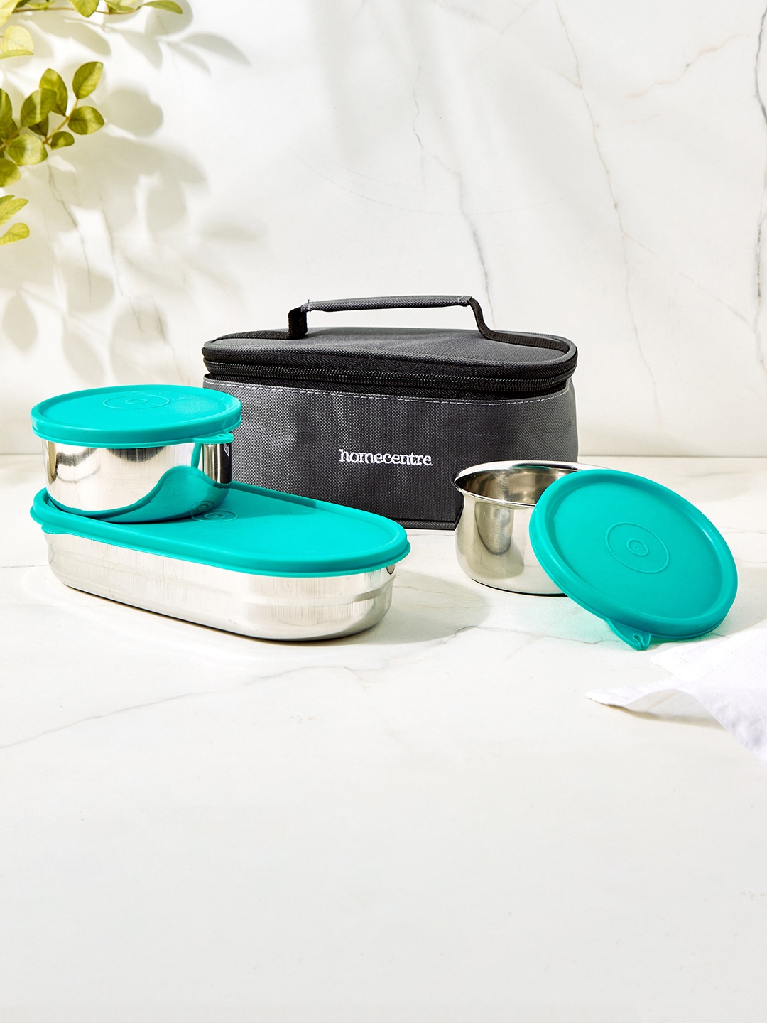 

Home Centre 3Pcs Teal Stainless Steel Lunch Box With Bag