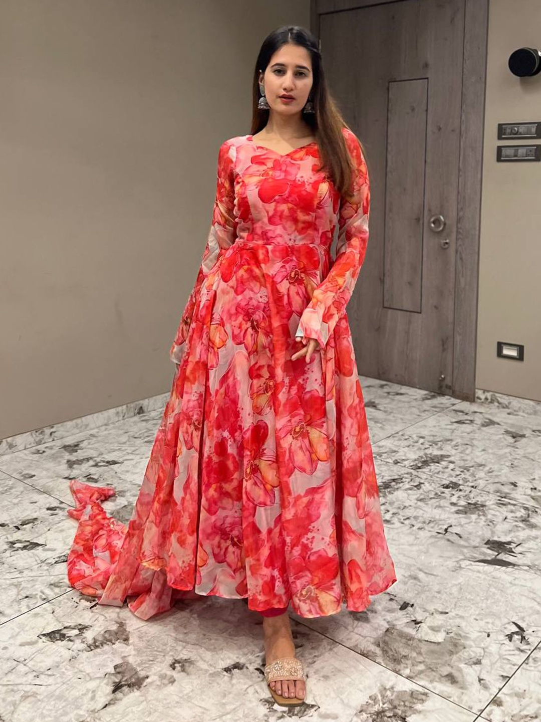 

Fashion Basket Floral Printed V-Neck Anarkali Kurta With Trousers & Dupatta, Red