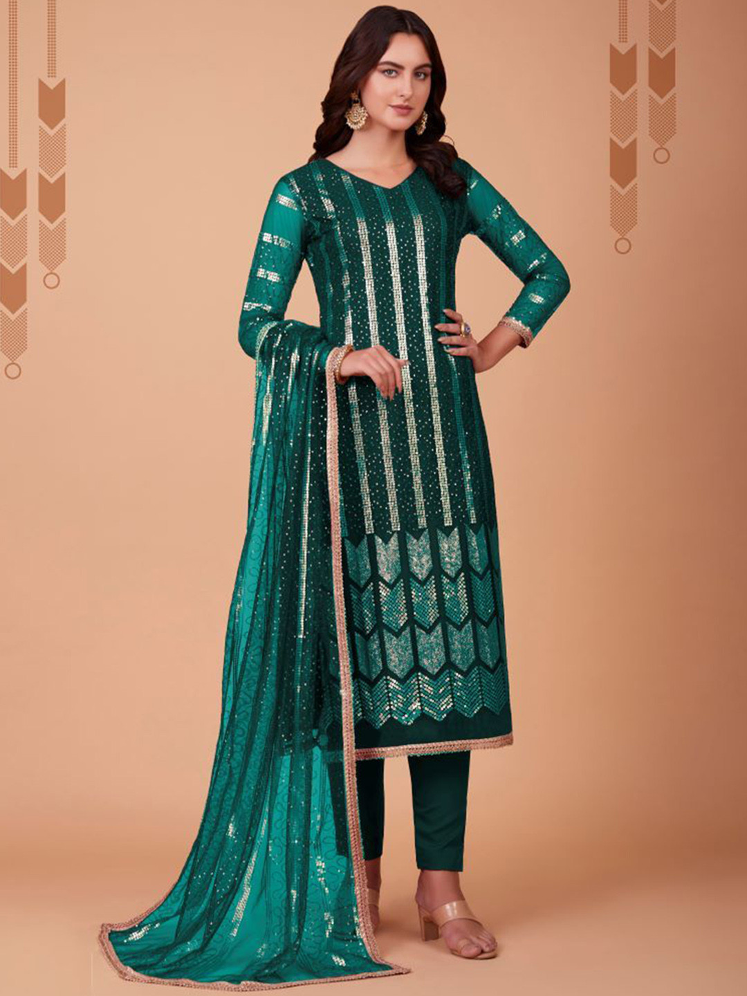 

Fashion Basket Sequin Embroidered Regular Straight Kurta With Salwar & Dupatta, Green
