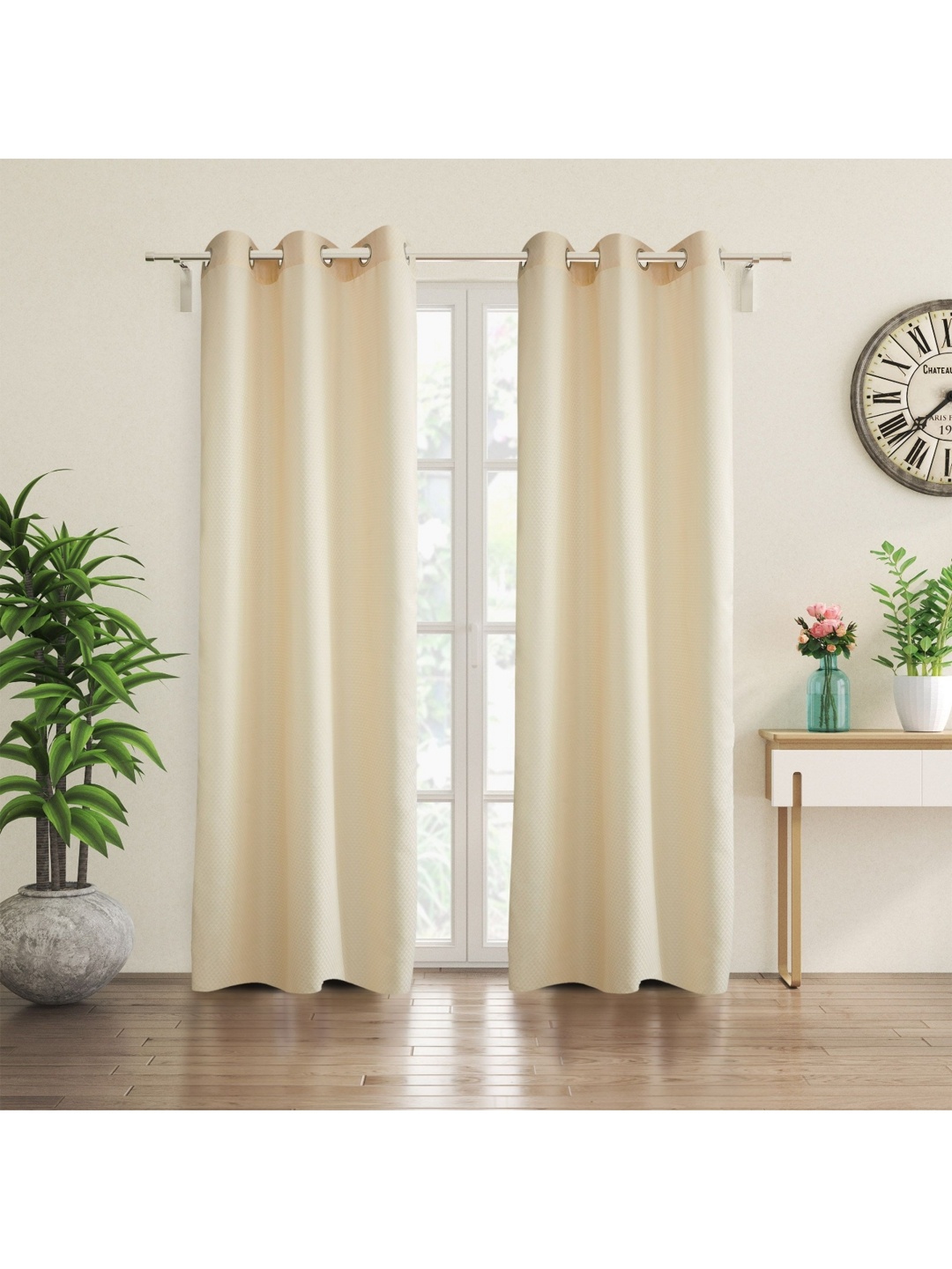 

Home Centre Sierra Cream 2 Pieces Geometric Eyelet Room Darkening Door Curtains