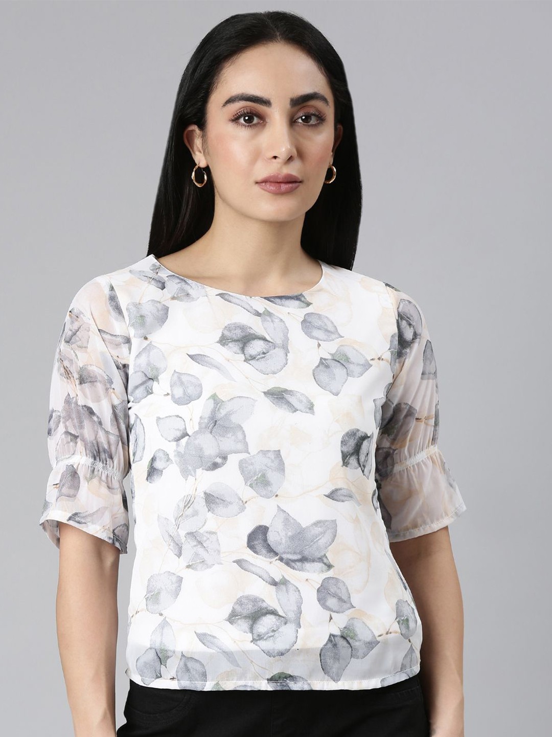 

TWIN BIRDS Women Printed Georgette Short Top, White