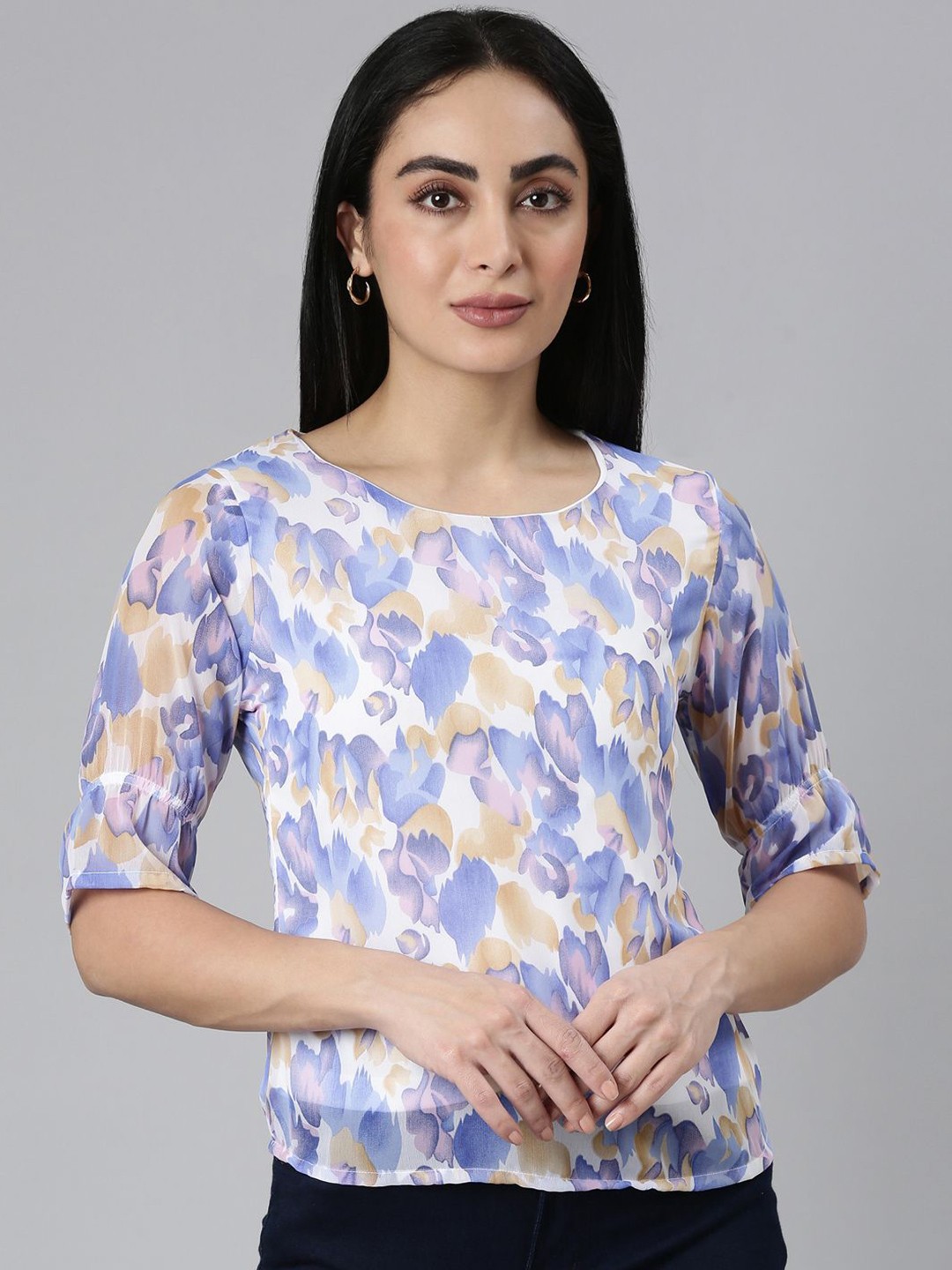 

TWIN BIRDS Women Printed Round Neck Georgette Top, Blue