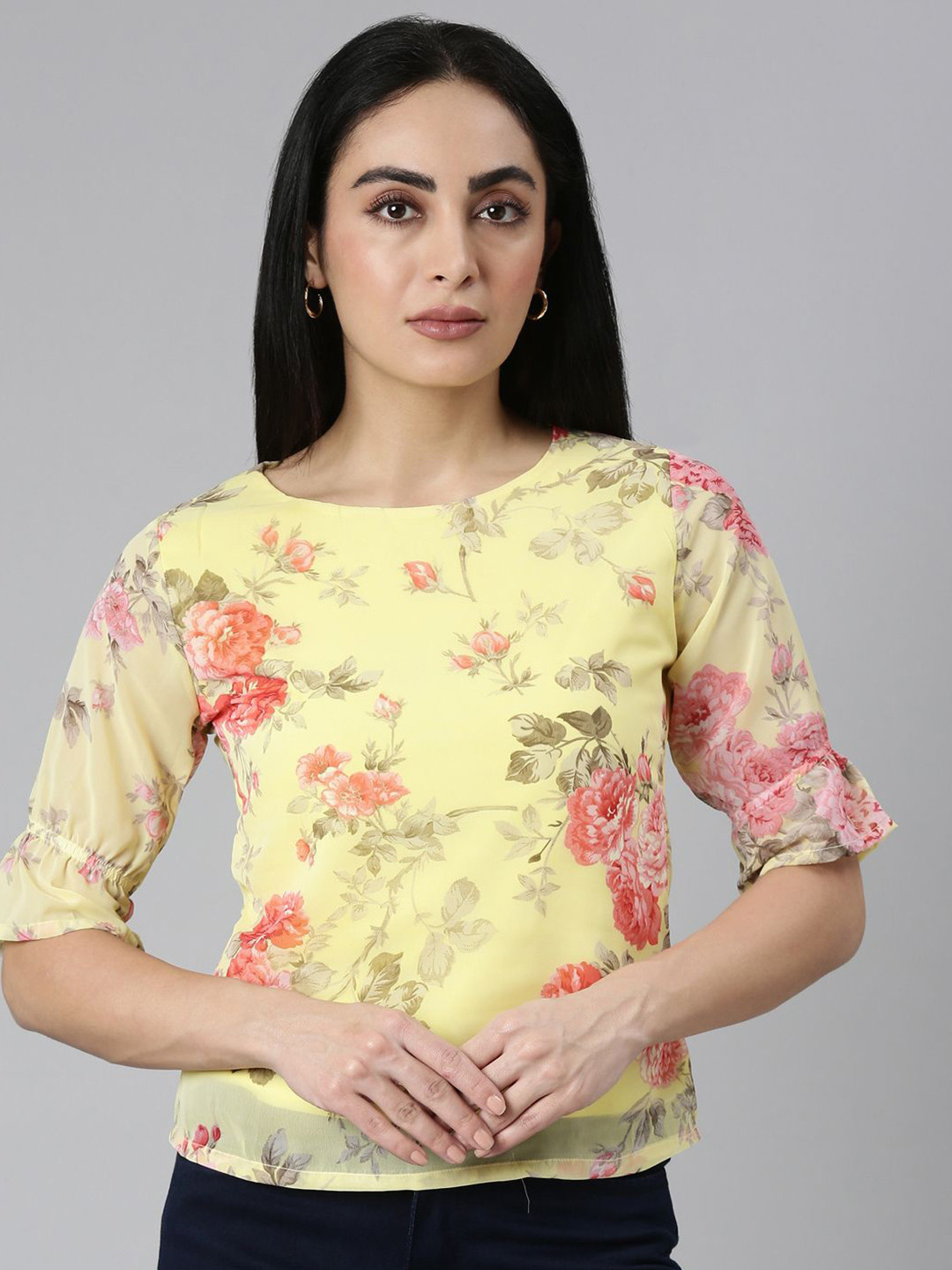 

Twinbirds Women Georgette Short Top, Yellow