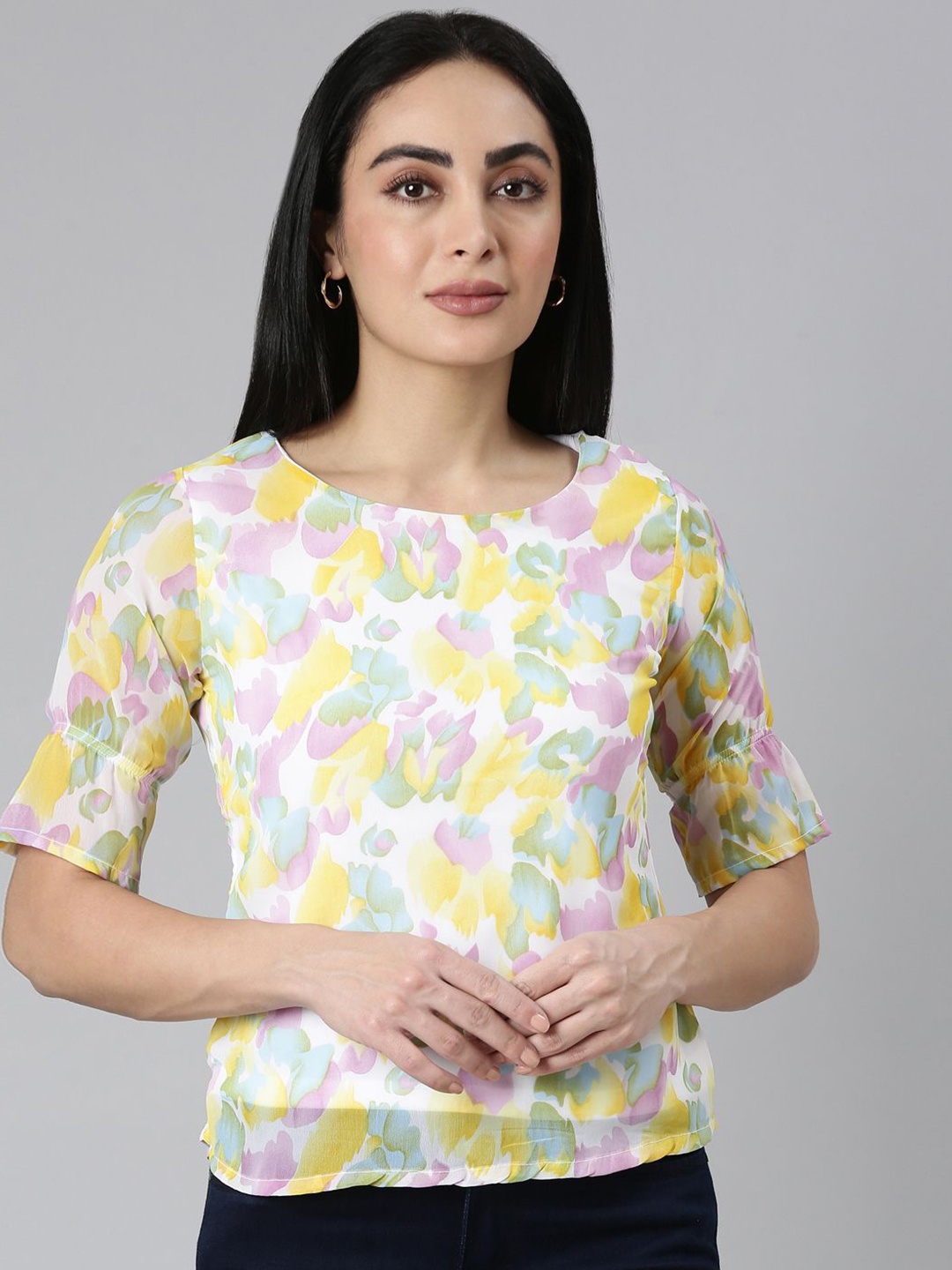 

TWIN BIRDS Printed Round Neck Georgette Top, Yellow