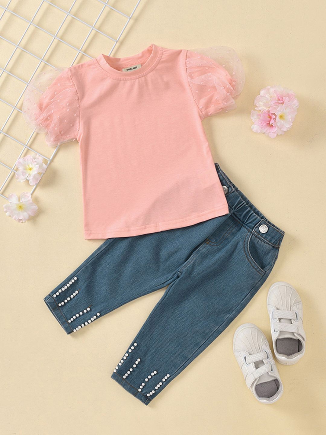 

INCLUD Girls Embellished Short Sleeves Top With Denim Pants Set, Pink