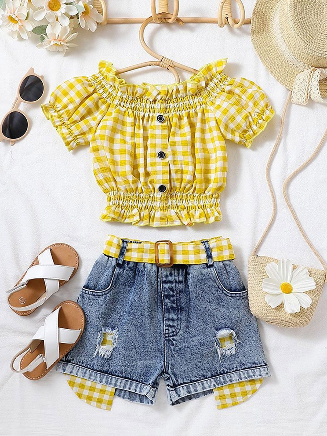 

INCLUD Girls Checked Short Sleeves Top With Denim Shorts, Yellow