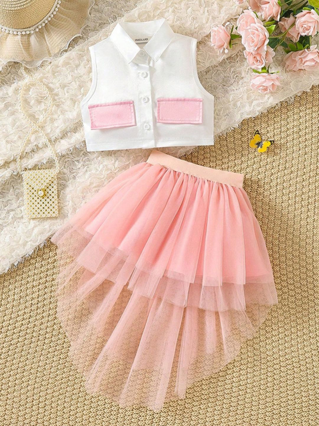 

INCLUD Girls Colourblocked Crop Shirt With High-Low Skirt Set, Pink