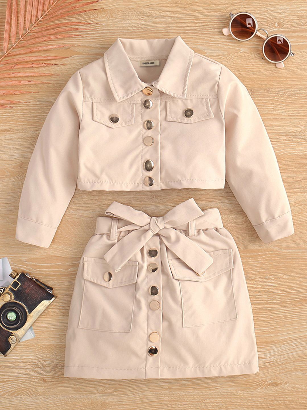 

INCLUD Girls Jacket Top With Skirt Set, Beige