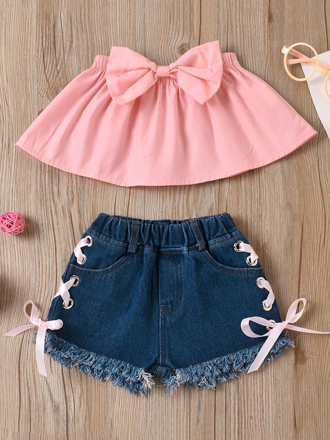 

INCLUD Girls Bow Applique Cold Shoulder Top With Denim Shorts Set, Pink