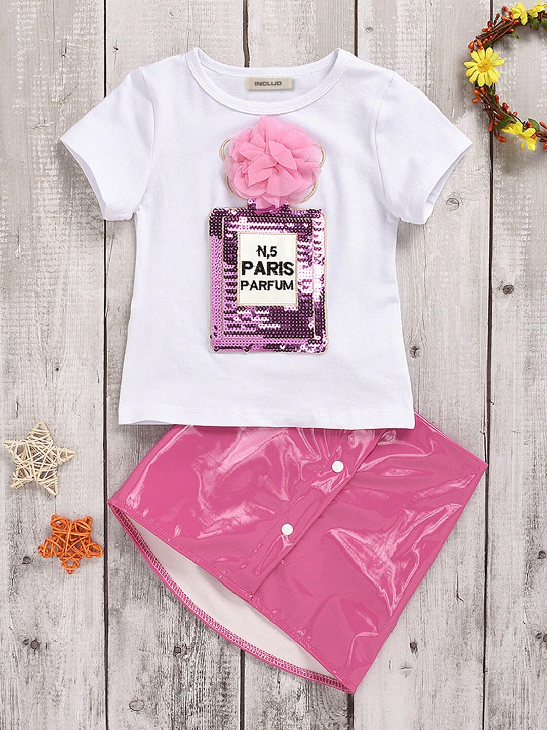 

INCLUD Girls Embellished T-shirt With Faux Leather Skirt Set, White